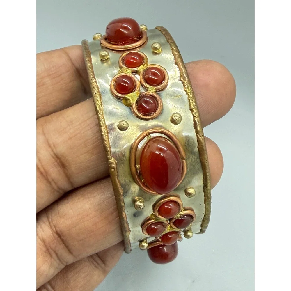 Vintage Boho red Cabochon Studded Bangle Bracelet Hammered Silver Tone Statement